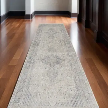 12' Gray Blue and Taupe Oriental Power Loom Worn Faded Runner Rug With Fringe
