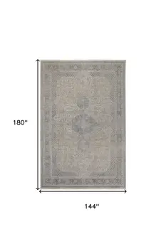 12' X 15' Gray Blue and Taupe Oriental Power Loom Worn Faded Area Rug With Fringe