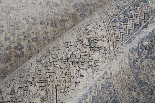 2' X 3' Gray Blue and Taupe Oriental Power Loom Worn Faded Area Rug With Fringe