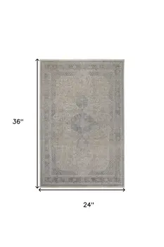 2' X 3' Gray Blue and Taupe Oriental Power Loom Worn Faded Area Rug With Fringe
