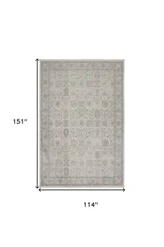 9' X 13' Gray and Ivory Oriental Power Loom Worn Faded Area Rug With Fringe