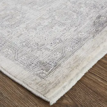 12' Gray and Ivory Oriental Power Loom Worn Faded Runner Rug With Fringe