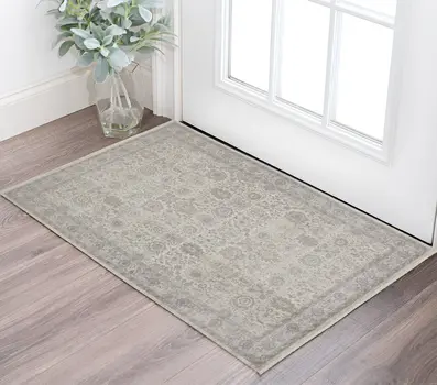 2' X 3' Gray and Ivory Oriental Power Loom Worn Faded Area Rug With Fringe