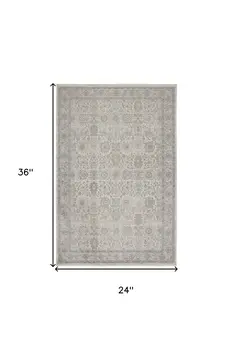 2' X 3' Gray and Ivory Oriental Power Loom Worn Faded Area Rug With Fringe