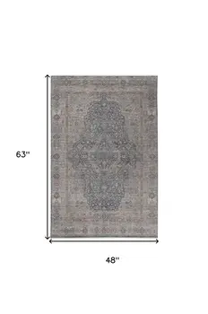 4' X 5' Gray Blue and Red Oriental Power Loom Worn Faded Area Rug With Fringe