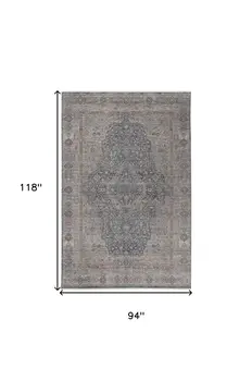 8' X 10' Gray Blue and Red Oriental Power Loom Worn Faded Area Rug With Fringe