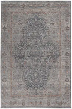 9' X 13' Gray Blue and Red Oriental Power Loom Worn Faded Area Rug With Fringe