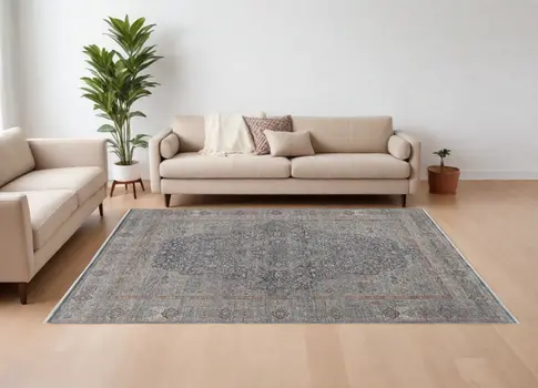 9' X 13' Gray Blue and Red Oriental Power Loom Worn Faded Area Rug With Fringe