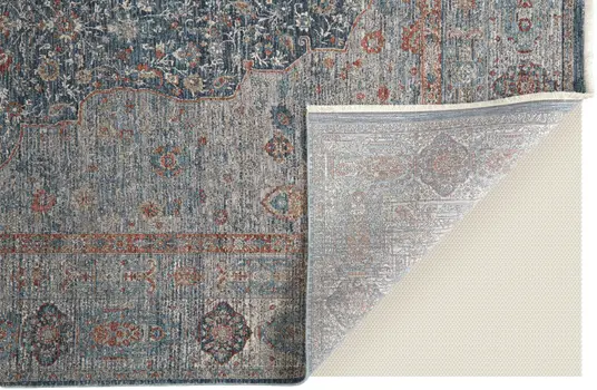 9' X 13' Gray Blue and Red Oriental Power Loom Worn Faded Area Rug With Fringe