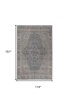 9' X 13' Gray Blue and Red Oriental Power Loom Worn Faded Area Rug With Fringe