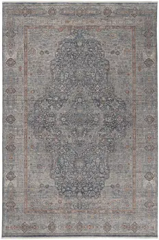 9' X 13' Gray Blue and Red Oriental Power Loom Worn Faded Area Rug With Fringe