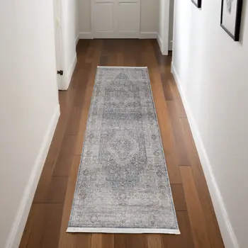 8' Gray Blue and Red Oriental Power Loom Worn Faded Runner Rug With Fringe