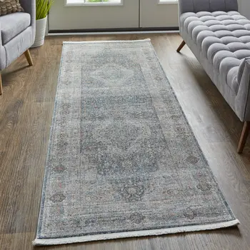 8' Gray Blue and Red Oriental Power Loom Worn Faded Runner Rug With Fringe