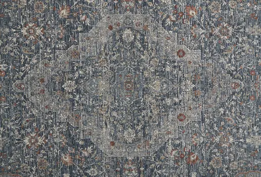 8' Gray Blue and Red Oriental Power Loom Worn Faded Runner Rug With Fringe