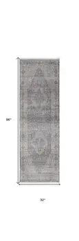 8' Gray Blue and Red Oriental Power Loom Worn Faded Runner Rug With Fringe