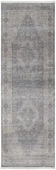 8' Gray Blue and Red Oriental Power Loom Worn Faded Runner Rug With Fringe