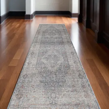 12' Gray Blue and Red Oriental Power Loom Worn Faded Runner Rug With Fringe