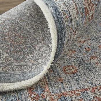 12' X 15' Gray Blue and Red Oriental Power Loom Worn Faded Area Rug With Fringe