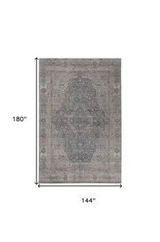 12' X 15' Gray Blue and Red Oriental Power Loom Worn Faded Area Rug With Fringe