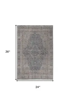 2' X 3' Gray Blue and Red Oriental Power Loom Worn Faded Area Rug With Fringe