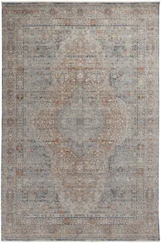 7' X 10' Gray Ivory and Orange Oriental Power Loom Worn Faded Area Rug With Fringe