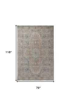7' X 10' Gray Ivory and Orange Oriental Power Loom Worn Faded Area Rug With Fringe
