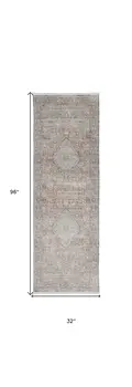 8' Gray Ivory and Orange Oriental Power Loom Worn Faded Runner Rug With Fringe