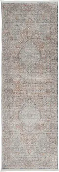 8' Gray Ivory and Orange Oriental Power Loom Worn Faded Runner Rug With Fringe