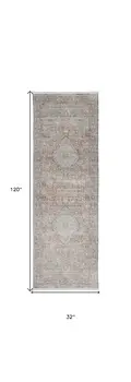10' Gray Ivory and Orange Oriental Power Loom Runner Rug With Fringe