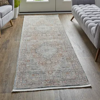12' Gray Ivory and Orange Oriental Power Loom Worn Faded Runner Rug With Fringe