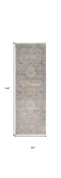 12' Gray Ivory and Orange Oriental Power Loom Worn Faded Runner Rug With Fringe