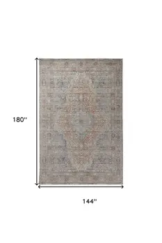 12' X 15' Gray Ivory and Orange Oriental Power Loom Worn Faded Area Rug With Fringe