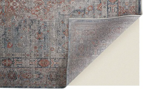 2' X 3' Gray Ivory and Orange Oriental Power Loom Worn Faded Area Rug With Fringe