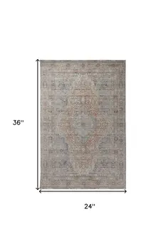2' X 3' Gray Ivory and Orange Oriental Power Loom Worn Faded Area Rug With Fringe