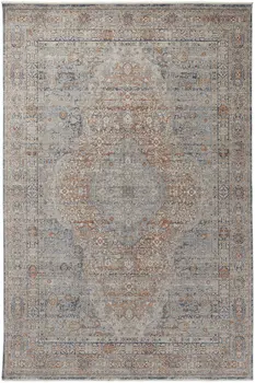 2' X 3' Gray Ivory and Orange Oriental Power Loom Worn Faded Area Rug With Fringe