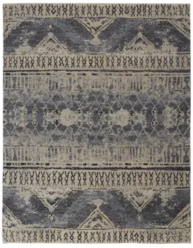9' X 13' Gray Blue and Ivory Wool Floral Hand Knotted Area Rug