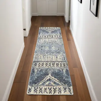 8' Gray Blue and Ivory Wool Floral Hand Knotted Runner Rug