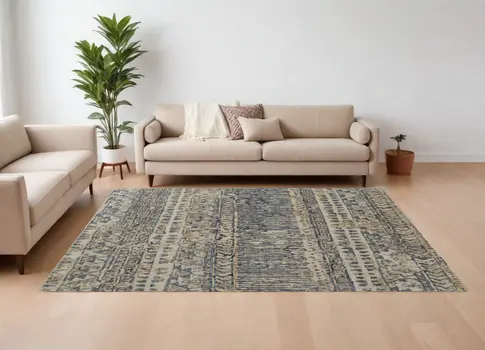 6' X 9' Gray and Blue Wool Geometric Hand Knotted Area Rug