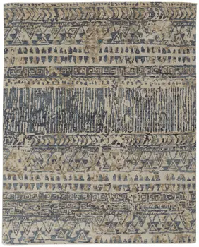 8' X 10' Gray and Blue Wool Geometric Hand Knotted Area Rug