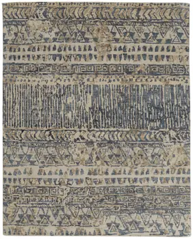 8' X 10' Gray and Blue Wool Geometric Hand Knotted Area Rug