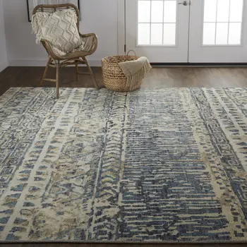 2' X 3' Ivory and Blue Wool Geometric Hand Knotted Area Rug