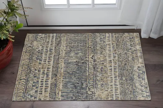 2' X 3' Ivory and Blue Wool Geometric Hand Knotted Area Rug