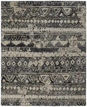 4' X 6' Ivory Gray and Black Wool Geometric Hand Knotted Area Rug