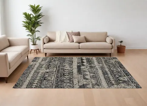 8' X 10' Ivory Gray and Black Wool Geometric Hand Knotted Area Rug