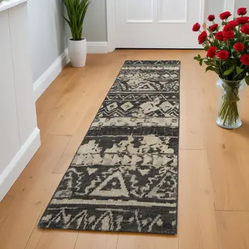 8' Ivory Gray and Black Wool Geometric Hand Knotted Runner Rug
