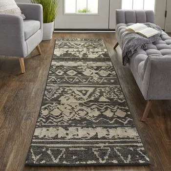 8' Ivory Gray and Black Wool Geometric Hand Knotted Runner Rug