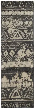 8' Ivory Gray and Black Wool Geometric Hand Knotted Runner Rug