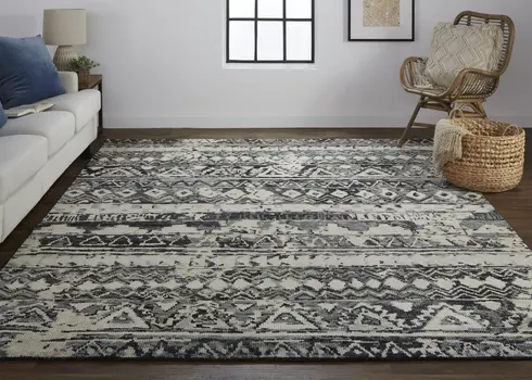 2' X 3' Ivory Gray and Black Wool Geometric Hand Knotted Area Rug