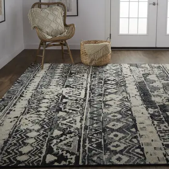 2' X 3' Ivory Gray and Black Wool Geometric Hand Knotted Area Rug