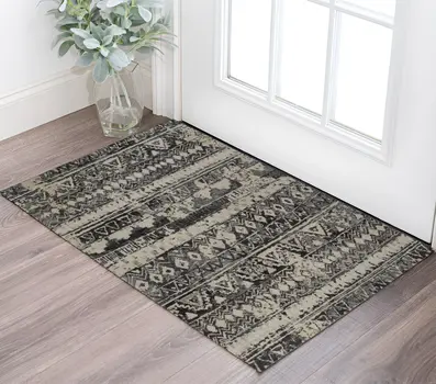 2' X 3' Ivory Gray and Black Wool Geometric Hand Knotted Area Rug